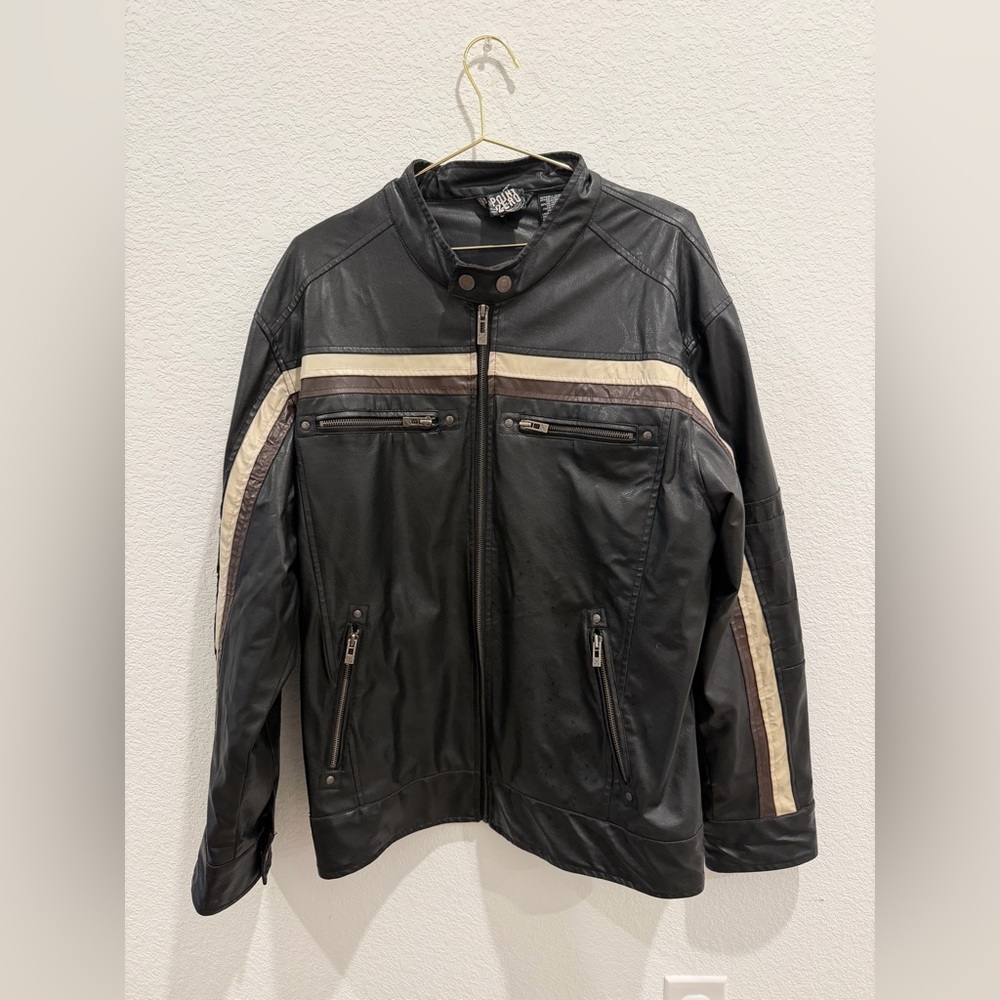 Double Zero faux Leather black beige moto men’s jacket coat two tone stripe